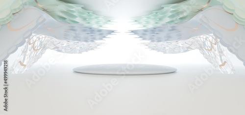 Luxury parametric abstract architectural minimalistic background. Contemporary showroom. Modern colored glass exhibition tunnel. Empty gallery. Backlight. 3D illustration and rendering.