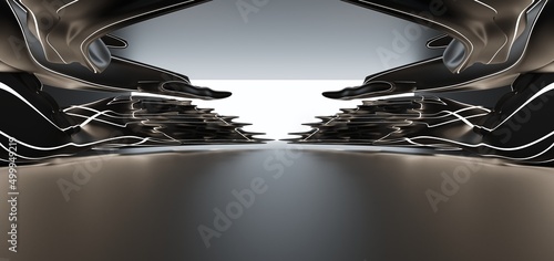 Obraz na płótnie Luxury parametric abstract architectural minimalistic background. Contemporary showroom. Modern black exhibition tunnel. Empty gallery. Neon backlight. Night. Space. 3D illustration and rendering. w salonie