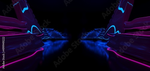 Obraz na płótnie Abstract architectural minimalistic background. Laser show in the ultraviolet spectrum. Modern impulse tunnel. Futuristic space sci-fi frame neon backlight. 3D illustration and rendering. w salonie
