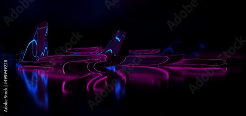 Obraz na płótnie Abstract architectural minimalistic background. Laser show in the ultraviolet spectrum. Modern impulse tunnel. Futuristic space sci-fi frame neon backlight. 3D illustration and rendering. w salonie