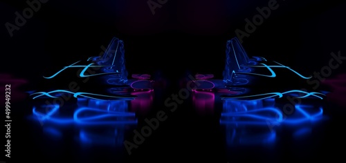 Obraz na płótnie Abstract architectural minimalistic background. Laser show in the ultraviolet spectrum. Modern impulse tunnel. Futuristic space sci-fi frame neon backlight. 3D illustration and rendering. w salonie