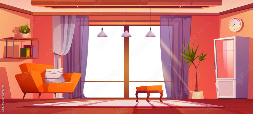 Living room with furniture and panoramic window. Vector cartoon ...