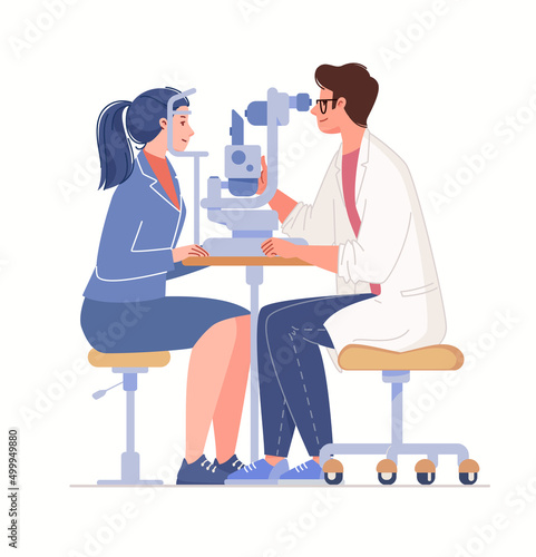 Clinic of ophthalmology. Eye examination and diagnosis of diseases. Oculist checks eyesight of patient. Vector characters flat cartoon illustration.