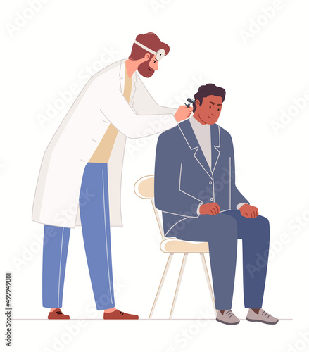 Otolaryngologist checks patient's ears with otoscope. Man on examination at ENT. Medical care and healthcare. Vector illustration flat cartoon isolated white background.