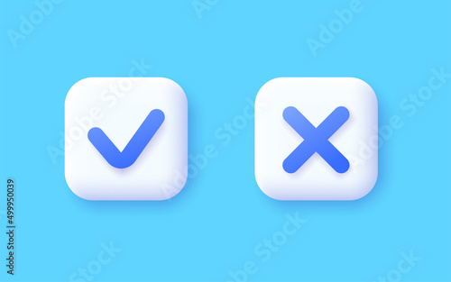 Tick and cross 3d vector icons on white background.