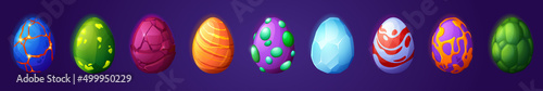 Cartoon dragon eggs set, ui game assets with different textures. Fairy tale eggs of dinosaurs, reptiles or monsters from ice crystal, stone and magma isolated design elements, Vector illustration