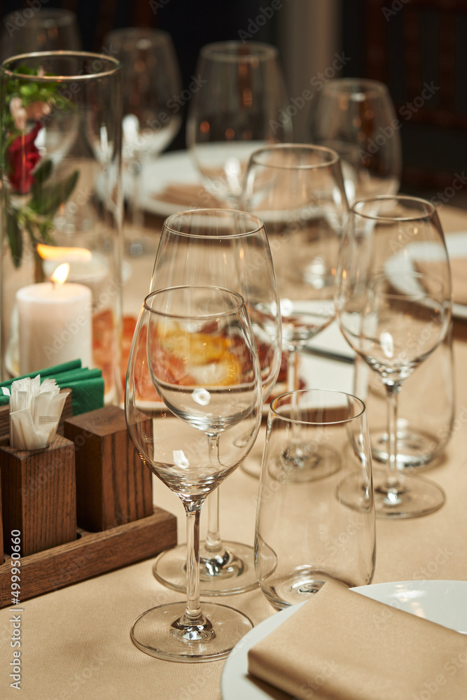 transparent wine glasses on a beautiful festive table