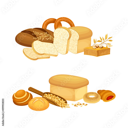 Bakery and pastry products set. Rye, whole grain and wheat bread and buns, bakery shop assortment vector illustration