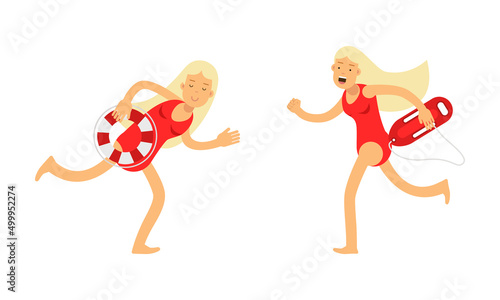 Girl beach lifeguards in red swimwear running with rescue buoys set. Woman professional rescuers vector illustration