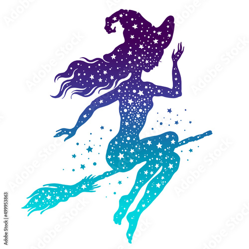 Witch on broom silhouette. Vector halloween flying witch girl. Magic illustration of sexy beautiful girl on broomstick. Cute woman in hat with blue star background. Night fairy art. Magician fantasy