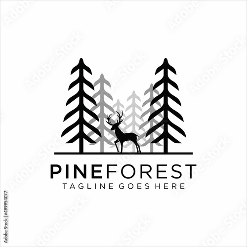 wild deer with pine forest logo vector icon symbol illustration design silhouette.