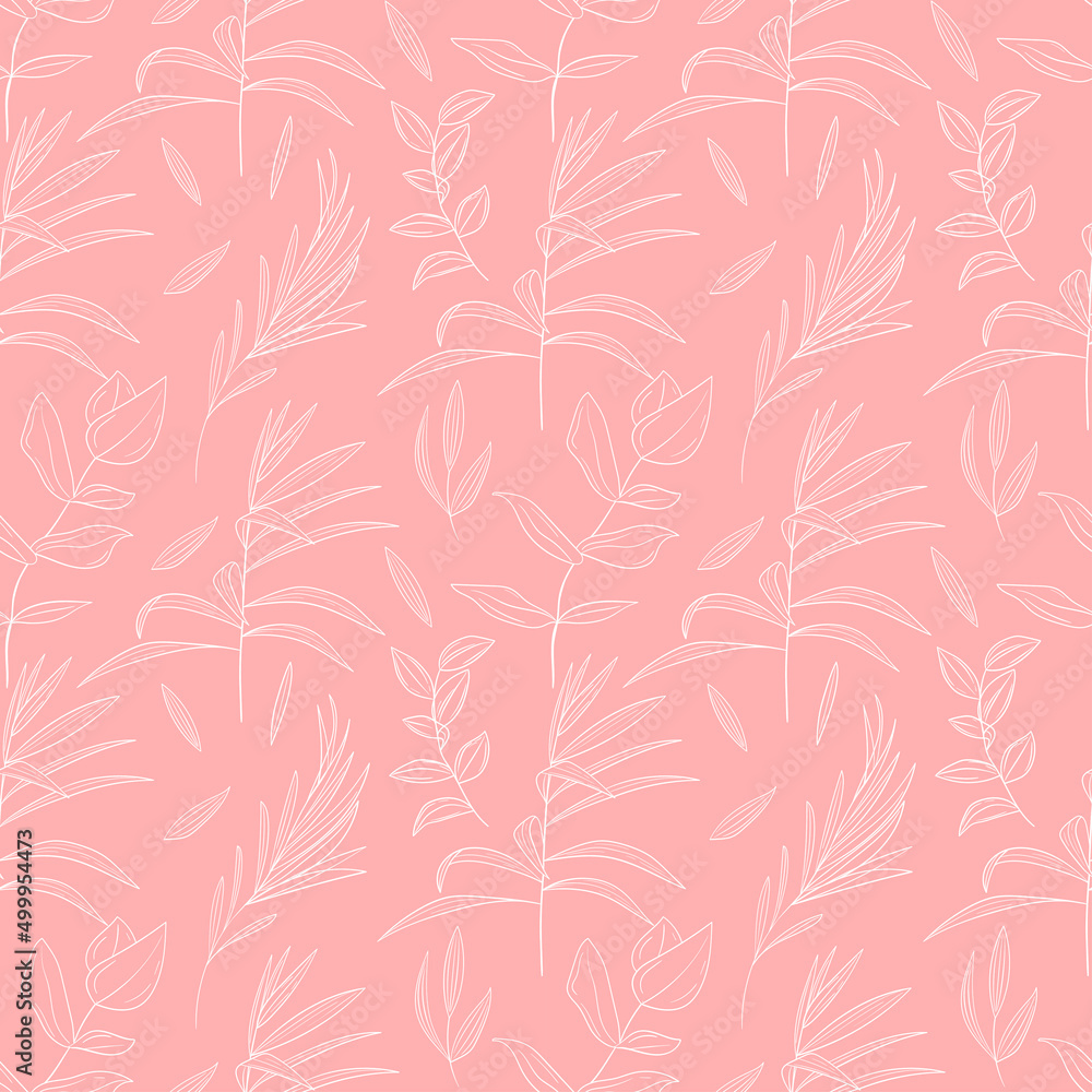 Fototapeta premium pink pattern with leaves in doodle style 
