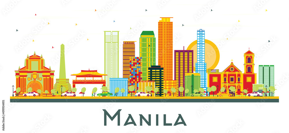 Manila Philippines City Skyline with Color Buildings Isolated on White.