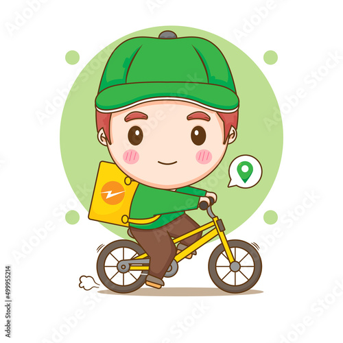Cute delivery man riding bicycle. Cartoon illustration of chibi character isolated on white background.