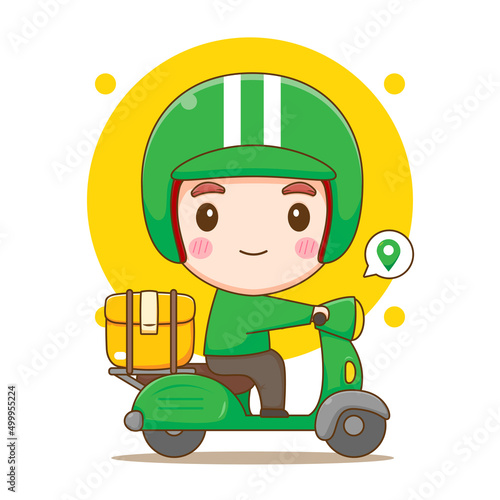 Cute delivery man riding motorcycle. Cartoon illustration of chibi character isolated on white background.