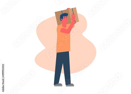 Man carrying box on his shoulder. Simple flat illustration