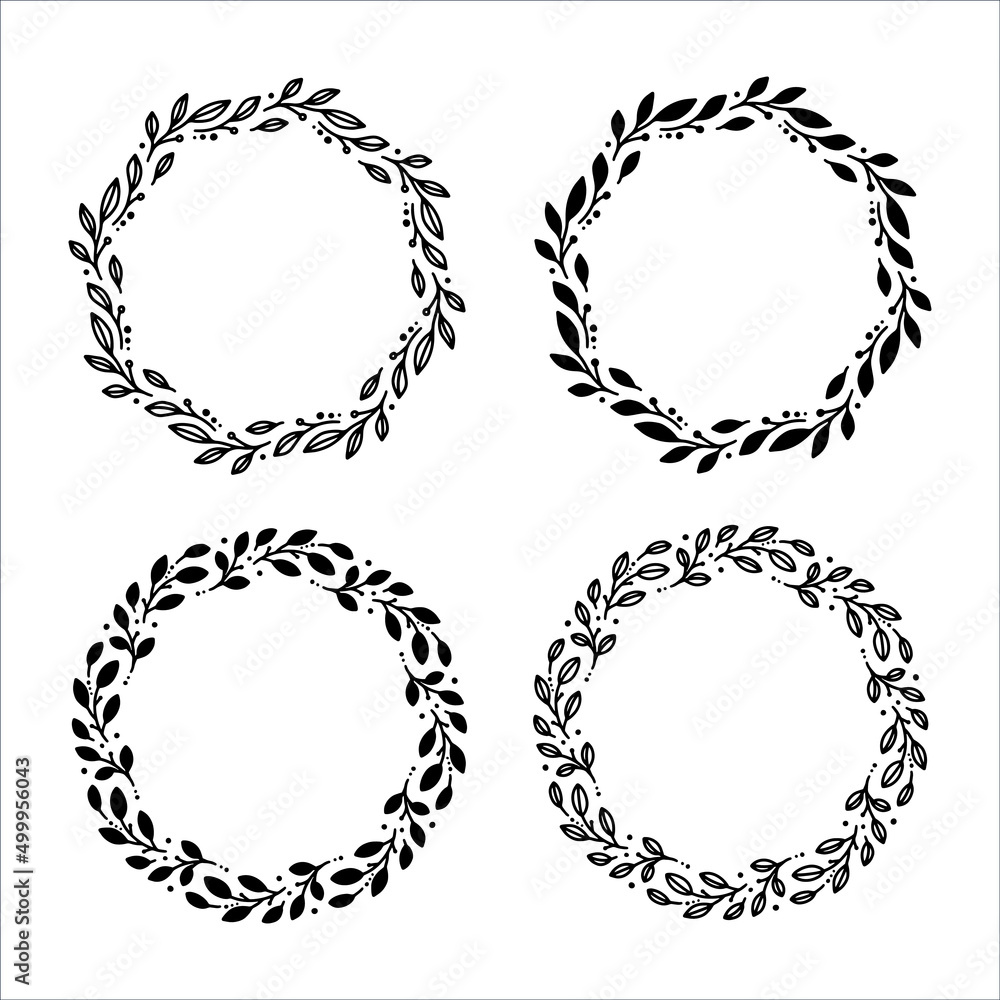 Obraz premium Set of 4 hand drawn spring wreaths isolated on white background, vector. Outline and silhouette frames of leaves. Doodle style.Collection of floral monogram frames.
