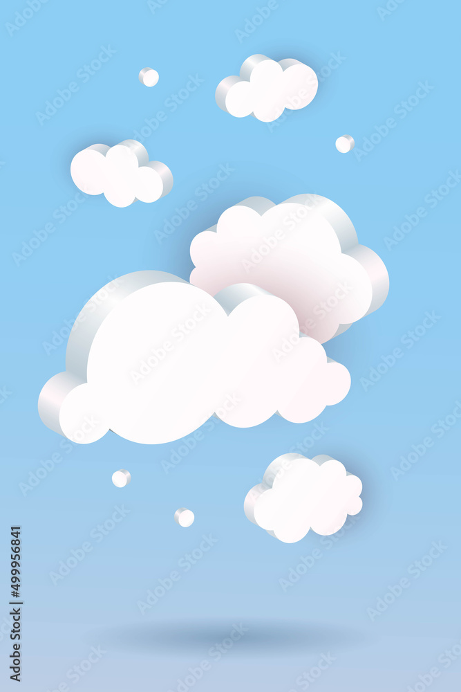 3D clouds background. White geometric shapes in blue sky, communication balloon, web internet symbol, meteorology climate, decorative backdrop, vertical poster or banner vector isolated illustration 3D clouds background. White geometric shapes in blue sky, communication balloon, web internet symbol, meteorology climate, decorative backdrop, vertical poster or banner vector isolated illustration