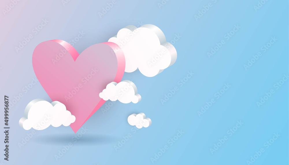 3D pink heart and clouds. White geometric shapes in blue sky, web internet symbol, meteorology climate, decorative backdrop, horizontal poster or banner with copy space, vector isolated background 3D pink heart and clouds. White geometric shapes in blue sky, web internet symbol, meteorology climate, decorative backdrop, horizontal poster or banner with copy space, vector isolated background