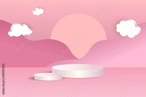 3D Podium. White pedestal in pink scene, showcase for products presentation and advertising. Empty round platform on pastel background with clouds and sun, minimal modern design. Vector backdrop