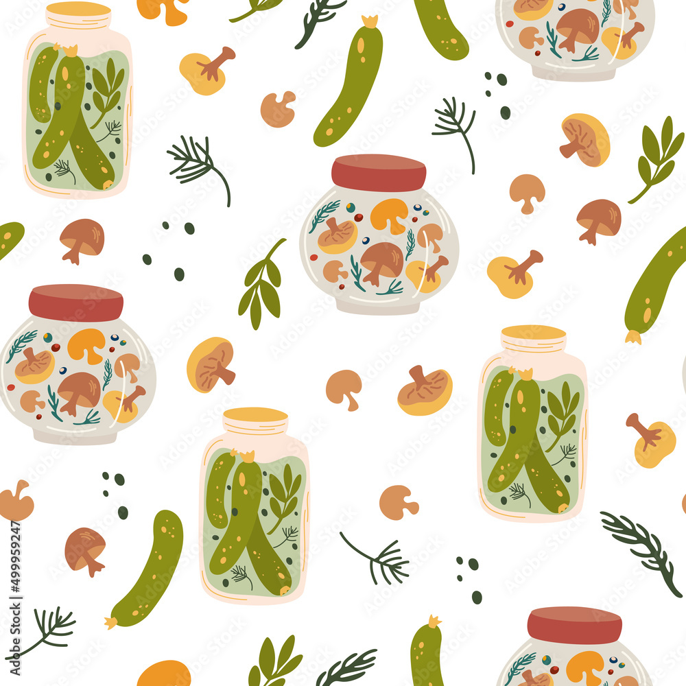 Preserving seamless pattern. Pickled cucumbers and mushrooms. Canned, Preserve and Jar Food. Fermented veggies. Conserve Concept. Hand Drawn Cartoon Vector illustration Preserving seamless pattern. Pickled cucumbers and mushrooms. Canned, Preserve and Jar Food. Fermented veggies. Conserve Concept. Hand Drawn Cartoon Vector illustration