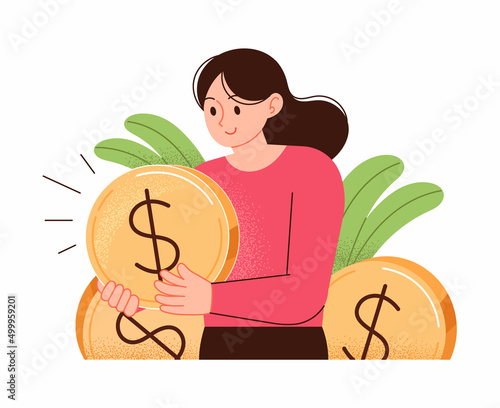 A woman holding a huge coin and looking at it. Financial business concept vector illustration.