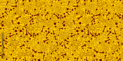 Vector seamless pattern of star anise, carnation, pepper in doodle style. Background or texture of seasonings, food additive, spices