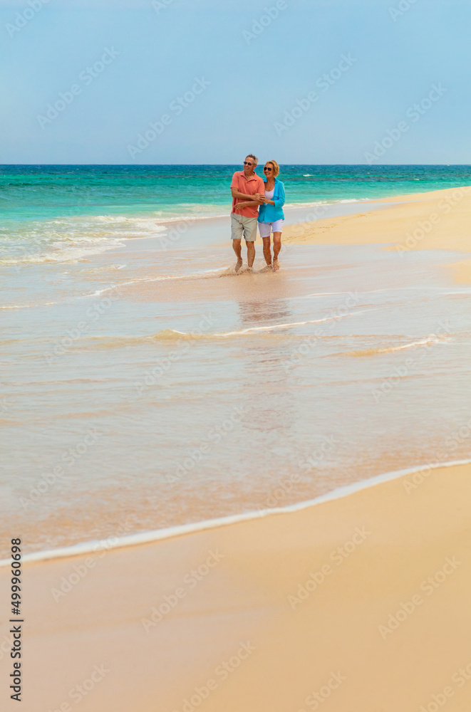 Travel retired couple holding hands on beach shoreline