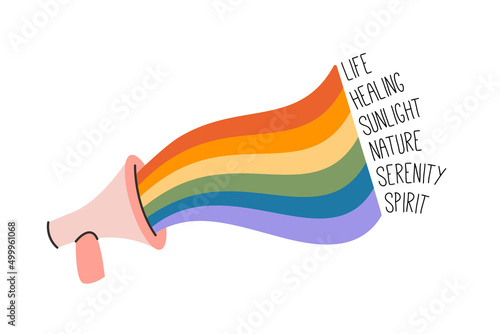 A megaphone with rainbow LGBTQ flag colors meaning. Pink loudspeaker with description of LGBT flag. Creative design template, icon or graphic element. Pride month greeting card. Vector illustration.