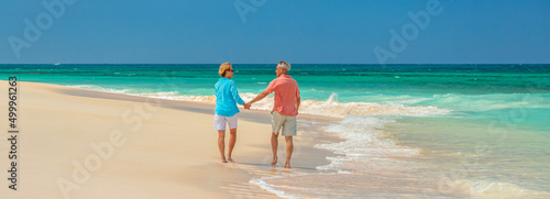 Fotografie Panoramic beach view with retired couple holding hands