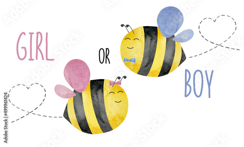 Set of watercolor cute bees with flight path, honey, summer theme. Girl and Boy Bee baby shower party. Honey design for baby.