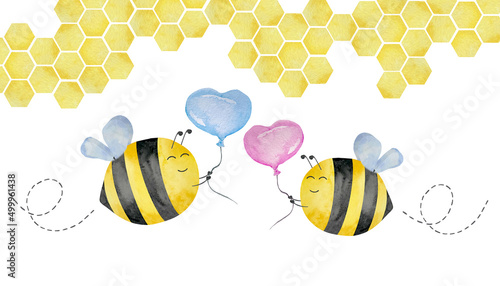 Set of watercolor cute bees with flight path, honey, summer theme. Girl and Boy Bee baby shower party. Honey design for baby.