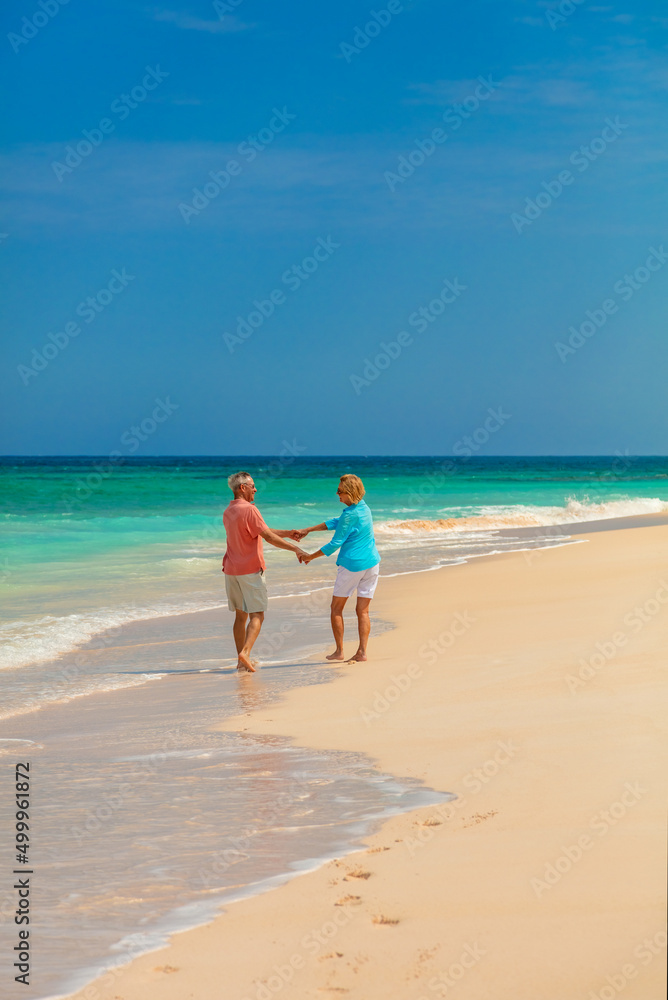 Fun loving retired couple holding hands by ocean