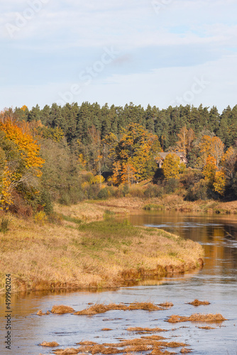 Beautiful landscape photography of river wenta flowing through corners with trees in autumn.