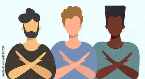 Men of different nationalities and skin colors protest, oppose the war for peace.. Peace to the world. Vector flat style.Set of male characters. Banner, poster.
