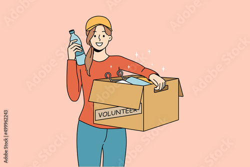Smiling woman with box help people in need with food and supplies. Happy girl volunteer show aid and assistance to poor. Female activist feel kind. Charity and donation. Vector illustration. 