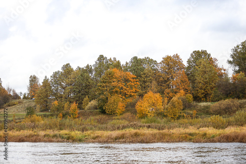 Beautiful autumn landscape city view with yellow autumn trees.