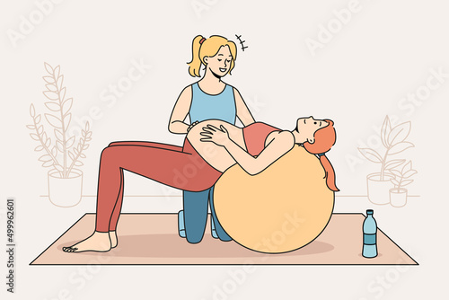 Female coach help pregnant woman do exercise on fit ball do sports preparing for maternity leave. Trainer workout train with future mom to be. Pregnancy and physical activity. Vector illustration. photo