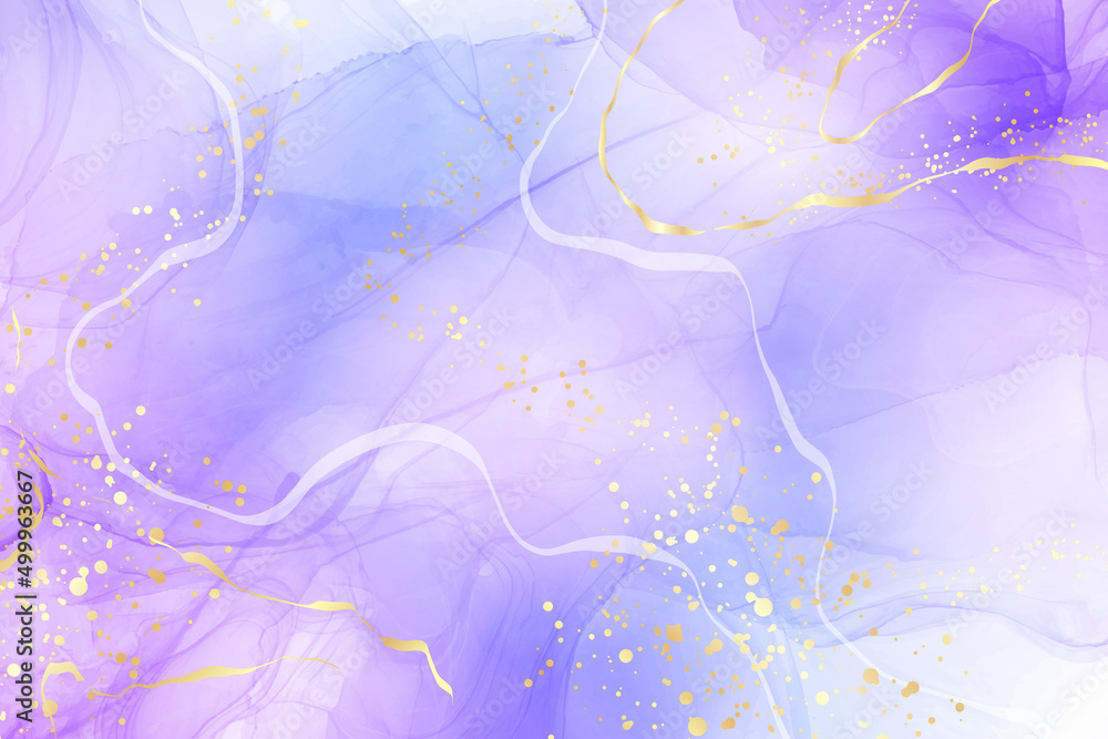 Violet lavender liquid watercolor marble background with golden lines. Pastel purple periwinkle alcohol ink drawing effect. Vector illustration design template for wedding invitation, menu, rsvp
