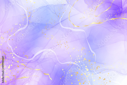 Violet lavender liquid watercolor marble background with golden lines. Pastel purple periwinkle alcohol ink drawing effect. Vector illustration design template for wedding invitation, menu, rsvp