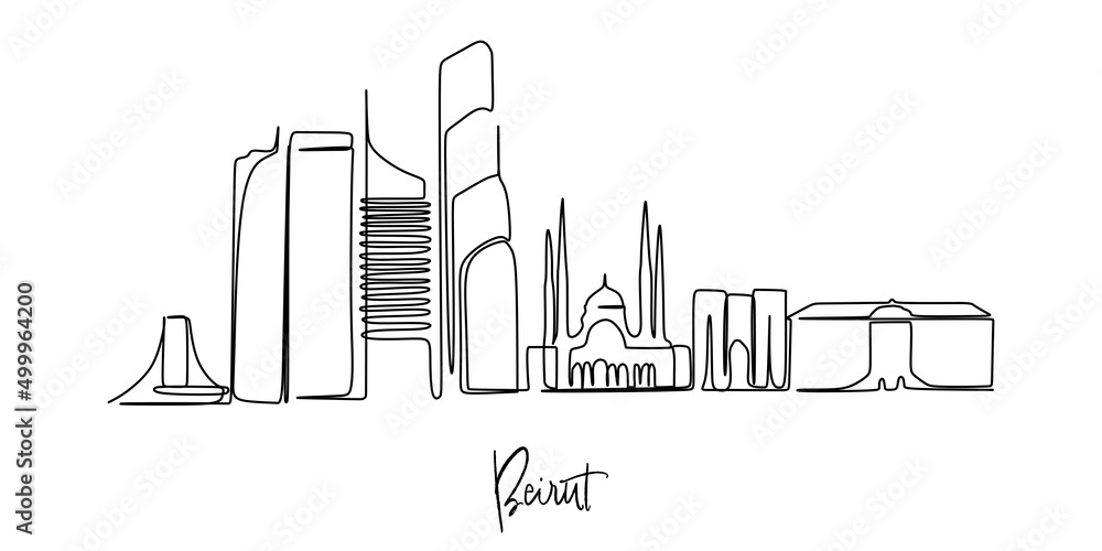 Obraz premium Continuous line drawing of Beirut Lebanon skyline on white background. Vector Illustration. Business travel and tourism concept with modern building. Image for banner or website.