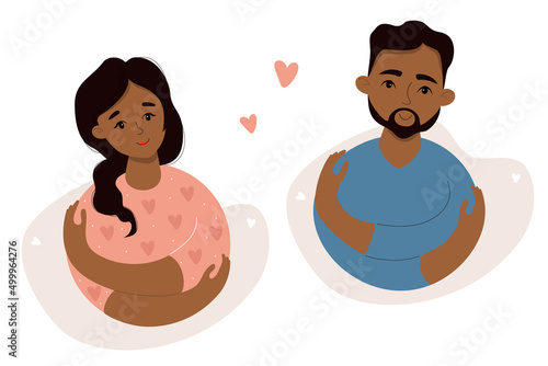 Loving couple of black people. cute ethnic girl and guy hug their shoulders. Concept Take care of yourself, love yourself. Vector illustration. Cute character for concept design.