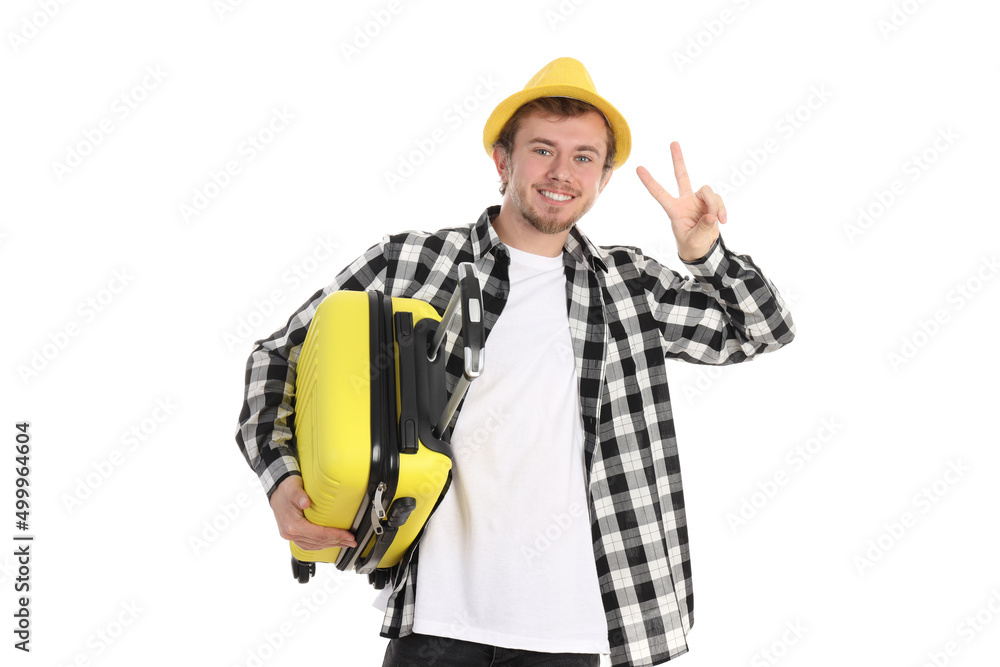 Young traveler man isolated on white background Young traveler man isolated on white background