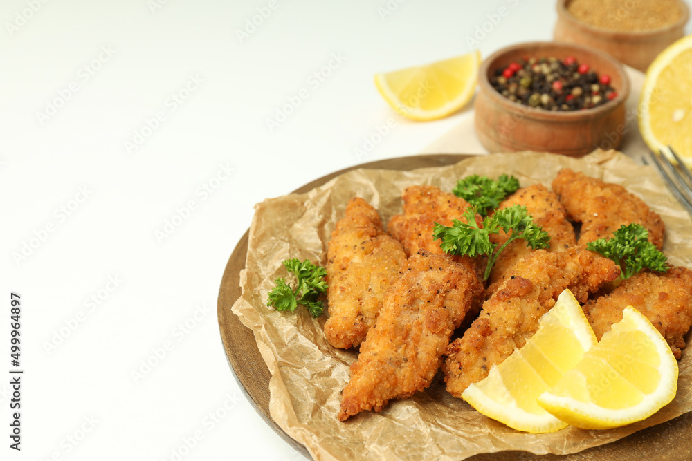 Concept of tasty food with chicken strips, space for text Concept of tasty food with chicken strips, space for text