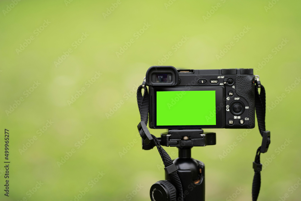 Mirrorless camera with green screen on the monopod . Green screen camera