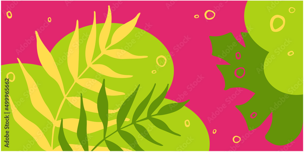 Abstract summer pink background with green foliage. Vector flat summer illustration. Summer bright banner. Copy space.