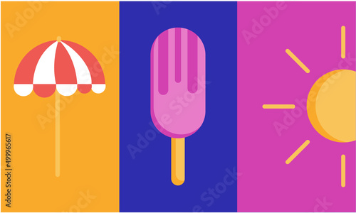 Vector set of abstract minimalistic backgrounds. Illustration umbrella, popsicle, sun. Perfect background for posters, covers, flyers, banners.