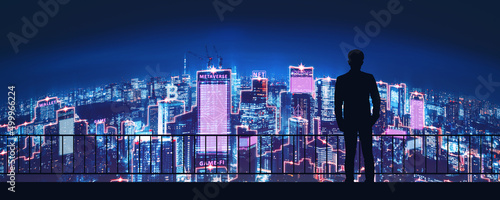 Canvas Business man with metaverse neon city technology background