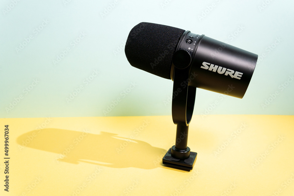 Tyumen, Russia-April 09, 2022: Professional microphone Shure logo mv 7.  Shure Incorporated is an American corporation specializing in the  production of audio equipment Stock Photo | Adobe Stock