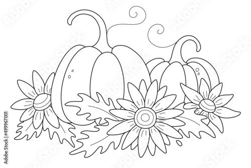 Sunflower and pumpkins. Silhouette floral pumpkins. Elements of autumn decor. Seasonal vegetable. Vector illustration on a white background.